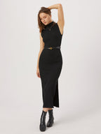 Mock Neck Ribbed Knit Sleeveless Belted Side Slit Midi Dress