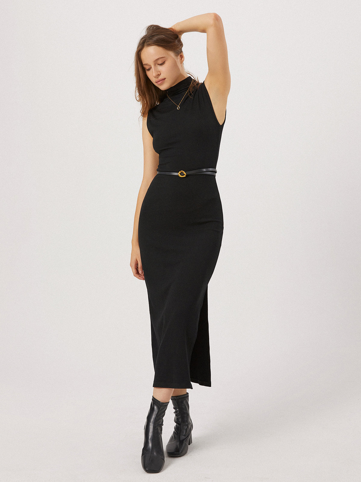 Mock Neck Ribbed Knit Sleeveless Belted Side Slit Midi Dress