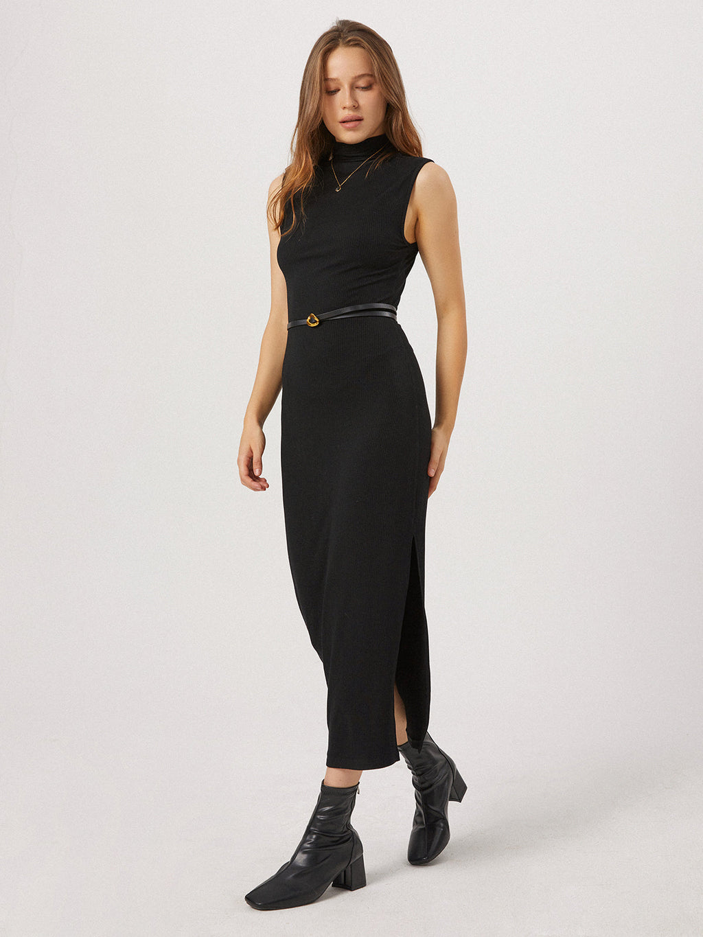 Mock Neck Ribbed Knit Sleeveless Belted Side Slit Midi Dress