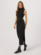 Mock Neck Ribbed Knit Sleeveless Belted Side Slit Midi Dress