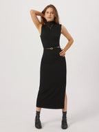 Mock Neck Ribbed Knit Sleeveless Belted Side Slit Midi Dress