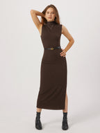 Mock Neck Ribbed Knit Sleeveless Belted Side Slit Midi Dress