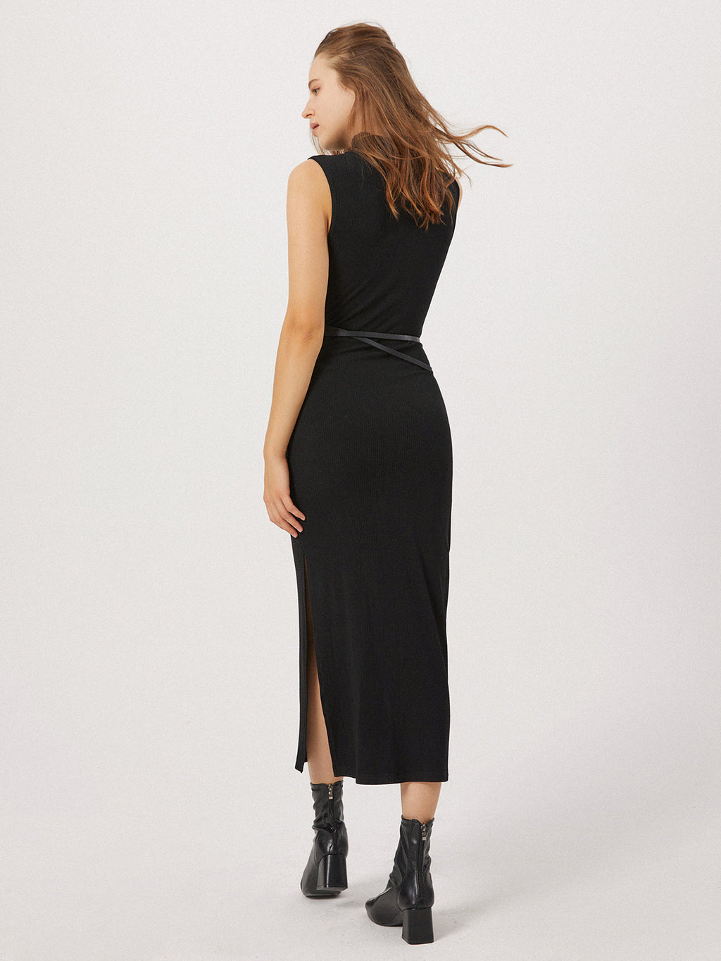 Mock Neck Ribbed Knit Sleeveless Belted Side Slit Midi Dress