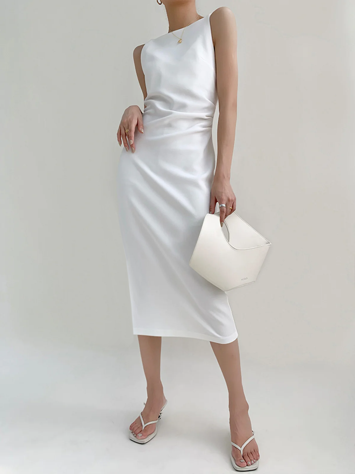 Square Neck Spaghetti Strap Back Zip Fitted A-Line Midi Dress