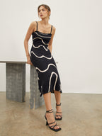 Square Neck Spaghetti Strap Wavy Stripe Rib Knit Bodycon Midi Dress