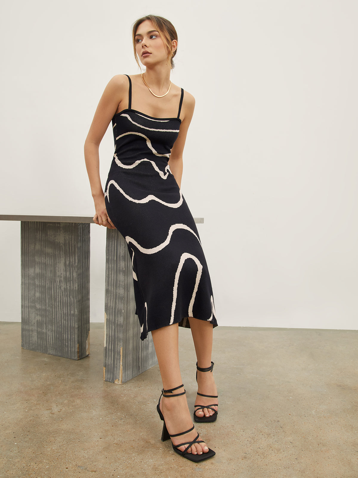 Square Neck Spaghetti Strap Wavy Stripe Rib Knit Bodycon Midi Dress