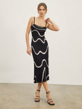 Square Neck Spaghetti Strap Wavy Stripe Rib Knit Bodycon Midi Dress