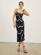Square Neck Spaghetti Strap Wavy Stripe Rib Knit Bodycon Midi Dress