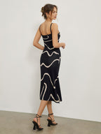 Square Neck Spaghetti Strap Wavy Stripe Rib Knit Bodycon Midi Dress