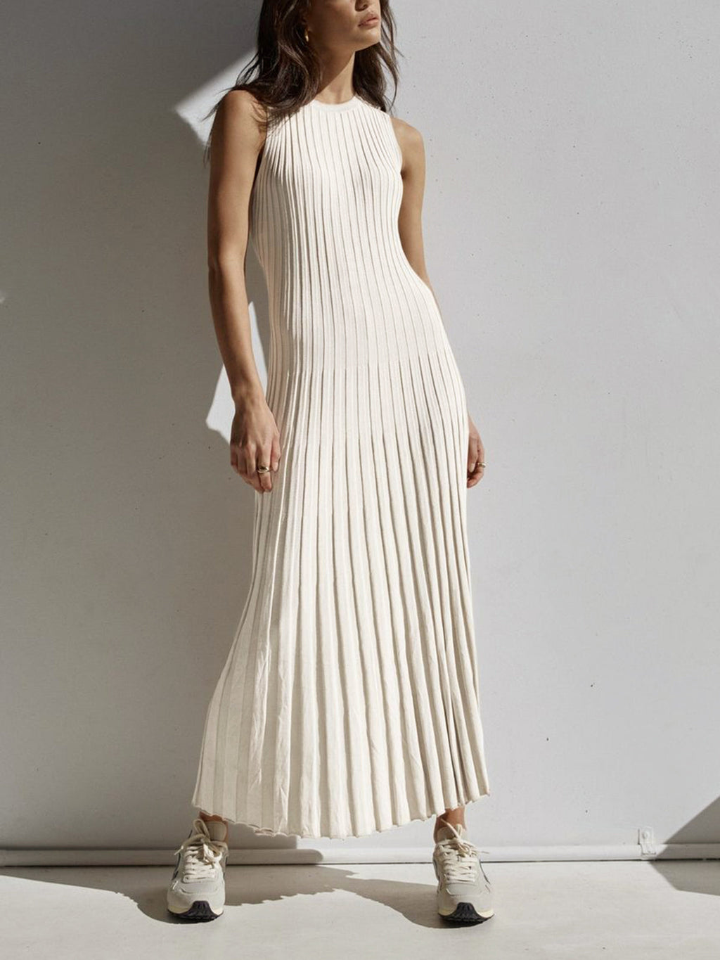 Sleeveless Rib Knit Crew Neck A-Line Maxi Dress