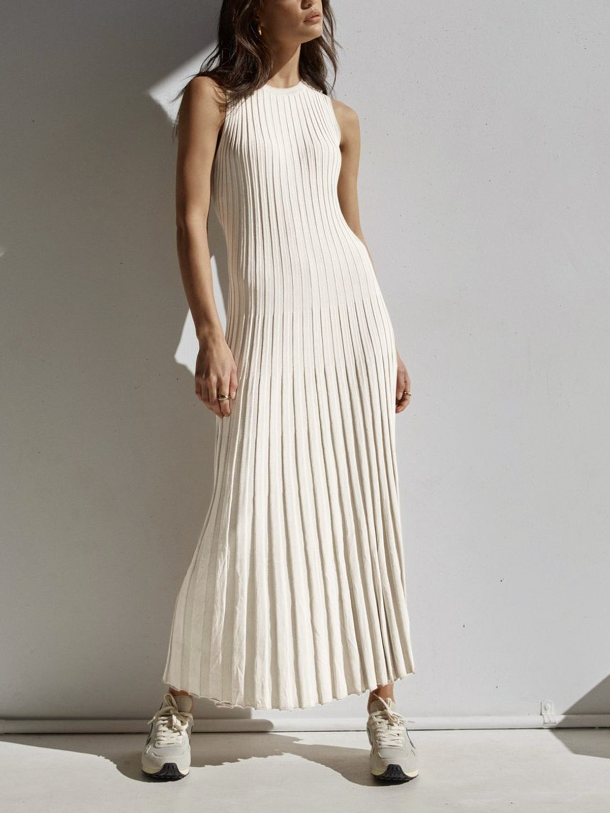 Sleeveless Rib Knit Crew Neck A-Line Maxi Dress