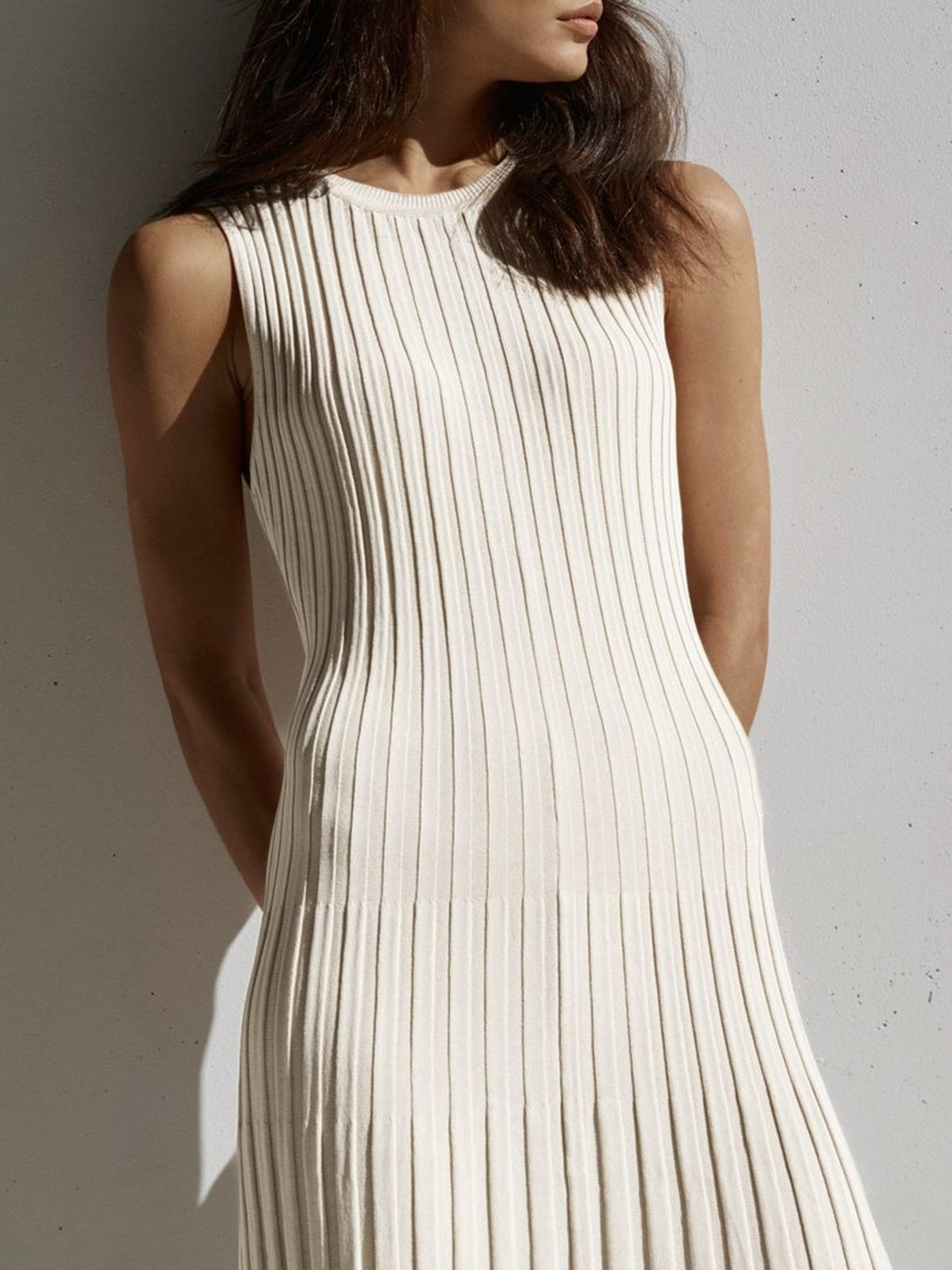 Sleeveless Rib Knit Crew Neck A-Line Maxi Dress