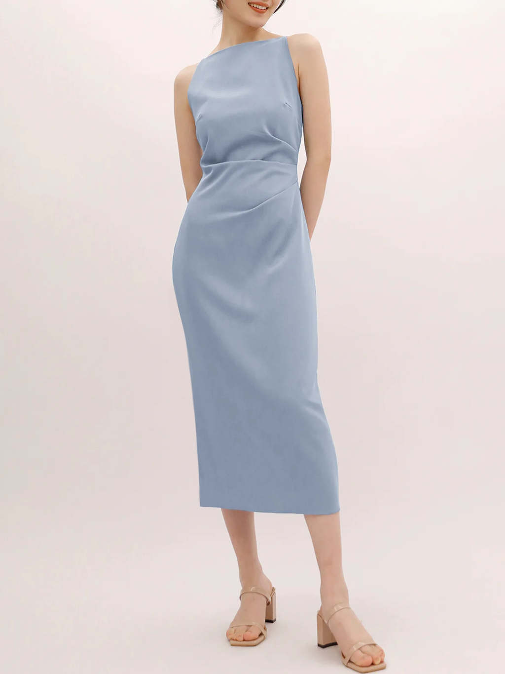 Square Neck Spaghetti Strap Back Zip Fitted A-Line Midi Dress