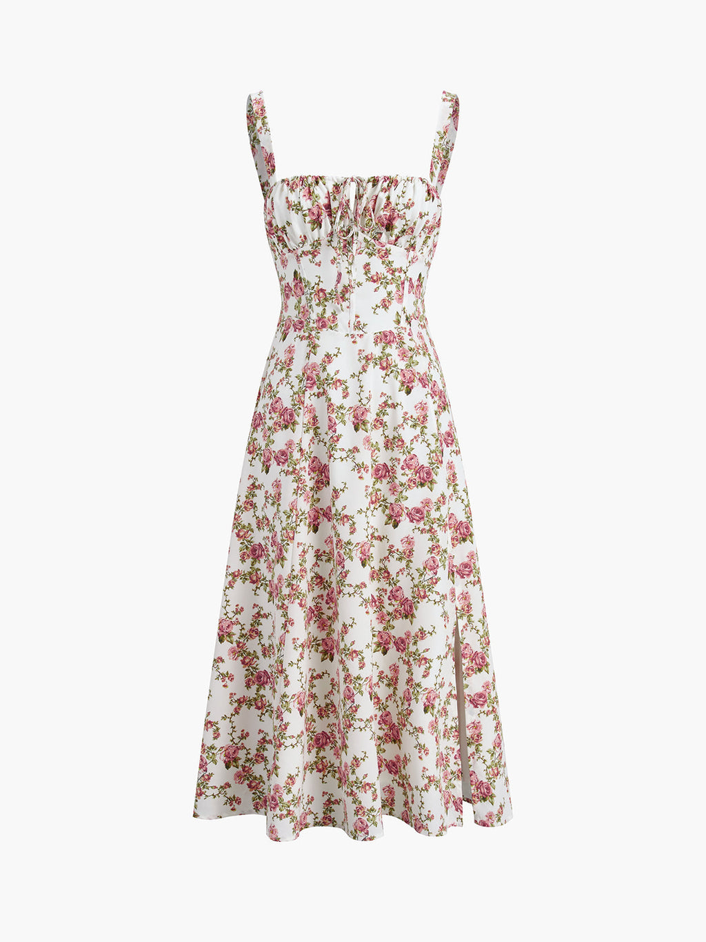 Floral Print Corset Bodice Drawstring Sweetheart High Split Midi Dress