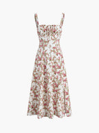 Floral Print Corset Bodice Tie Bust Square Neck High Split Maxi Dress