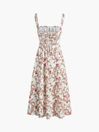 Floral Print Corset Bodice Tie Bust Square Neck High Split Maxi Dress