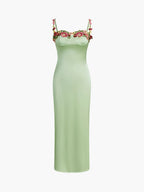 Floral Embroidered Bustier Spaghetti Strap Satin Column Maxi Gown