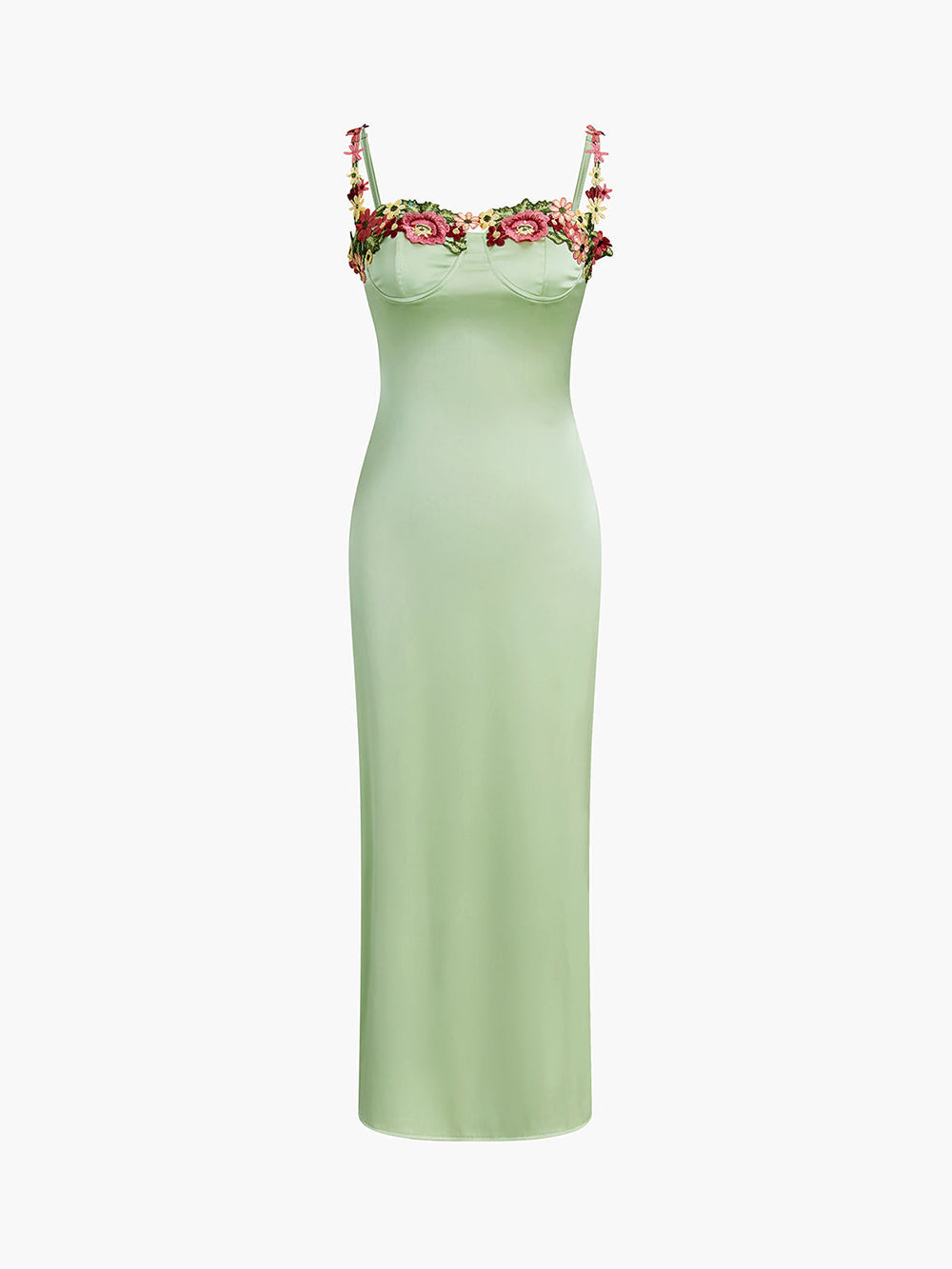 Floral Embroidered Bustier Spaghetti Strap Satin Column Maxi Gown