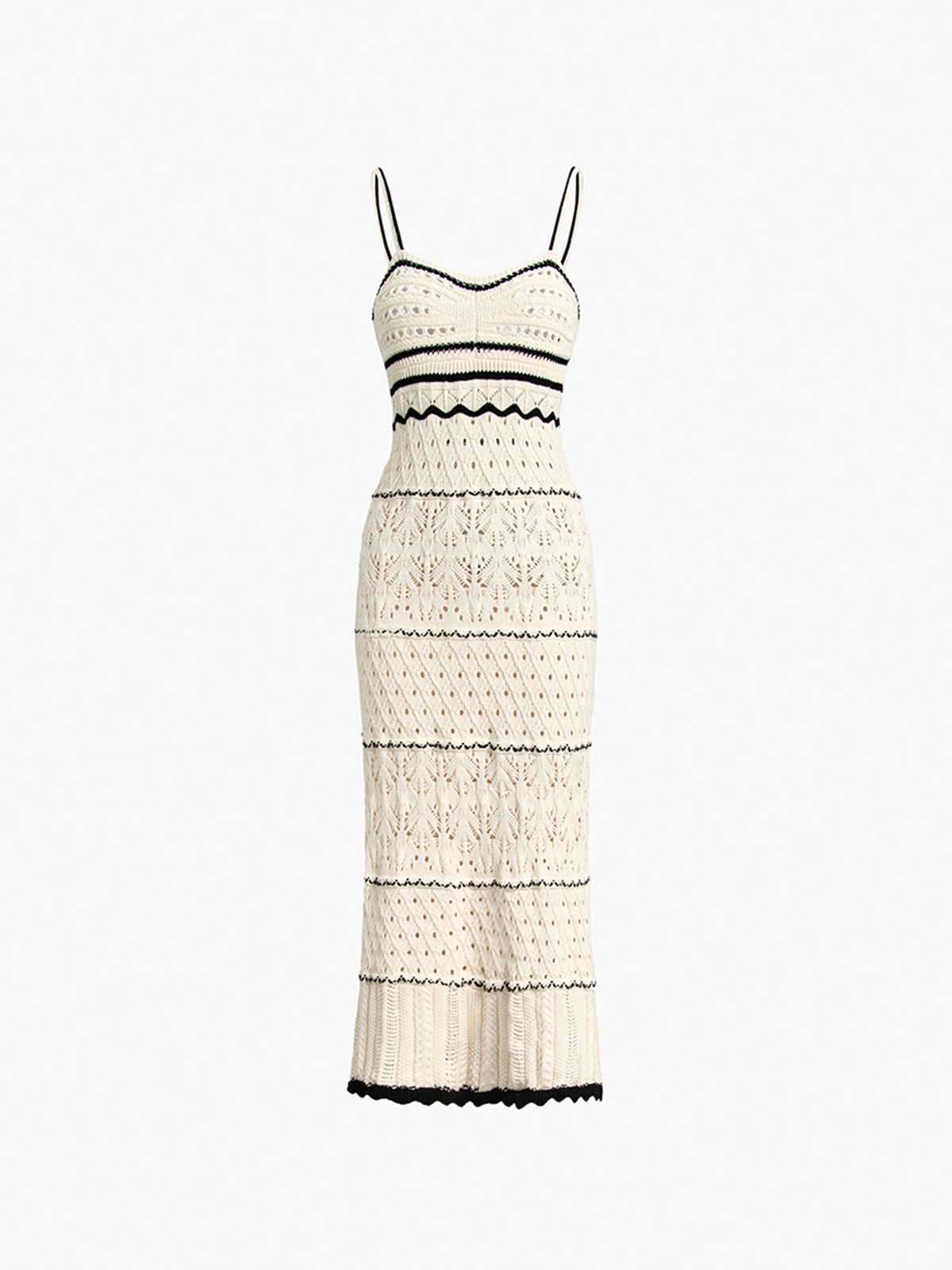 Crochet Pointelle Sweetheart Scalloped Trim Spaghetti Strap Maxi Dress