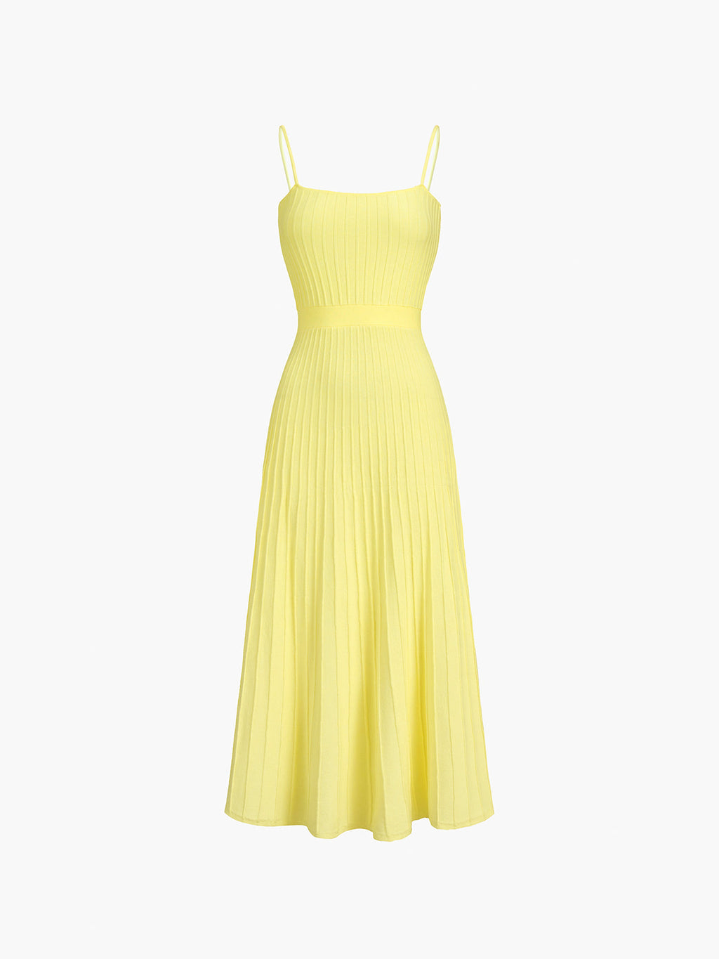 Ribbed Knit Square Neck Spaghetti Strap A-Line Pleated Maxi Dress
