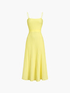 Ribbed Knit Square Neck Spaghetti Strap A-Line Pleated Maxi Dress