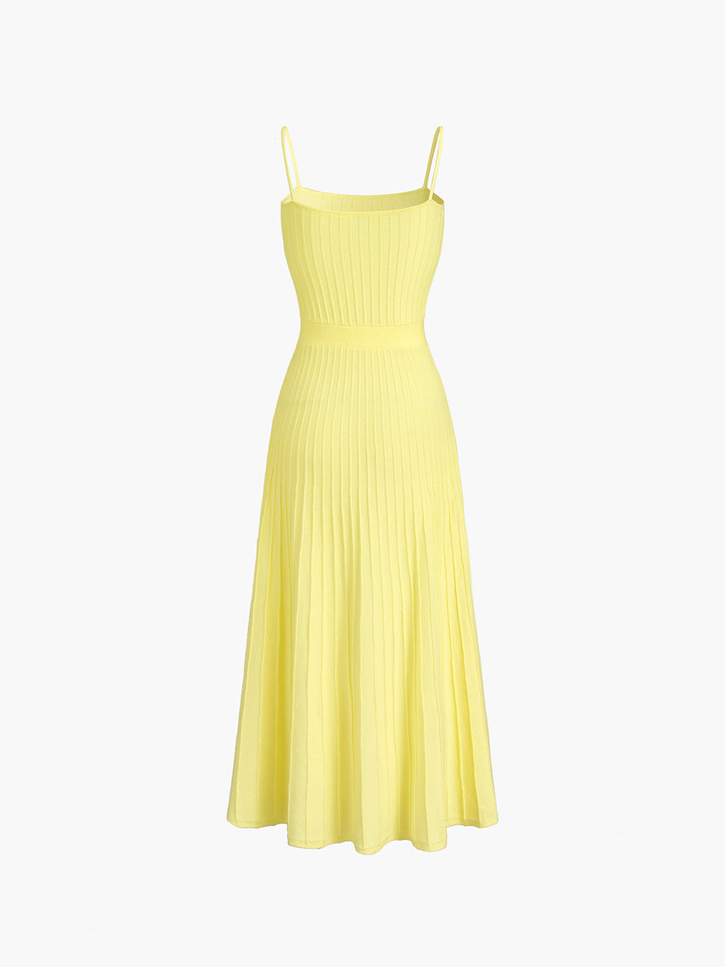 Ribbed Knit Square Neck Spaghetti Strap A-Line Pleated Maxi Dress