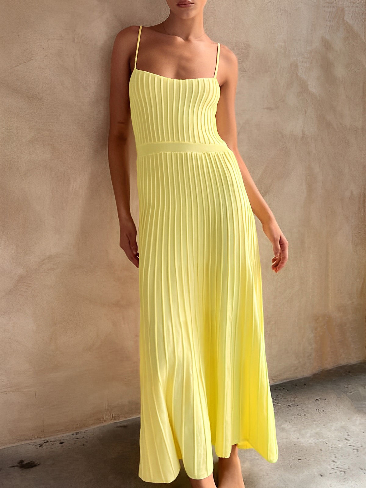 Ribbed Knit Square Neck Spaghetti Strap A-Line Pleated Maxi Dress