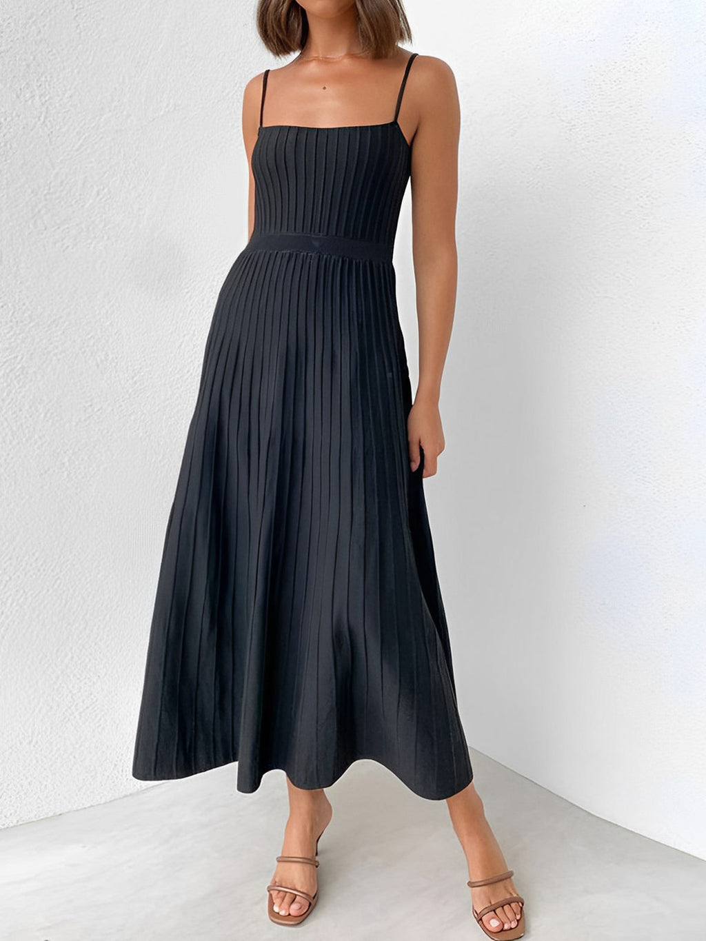 Ribbed Knit Square Neck Spaghetti Strap A-Line Pleated Maxi Dress