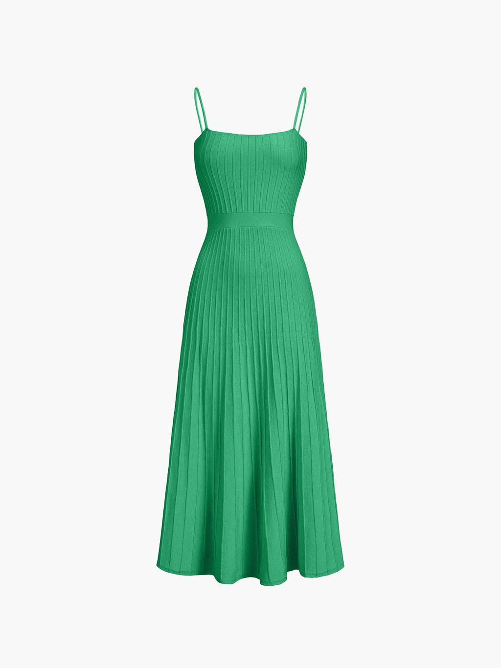 Ribbed Knit Square Neck Spaghetti Strap A-Line Pleated Maxi Dress