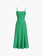 Ribbed Knit Square Neck Spaghetti Strap A-Line Pleated Maxi Dress