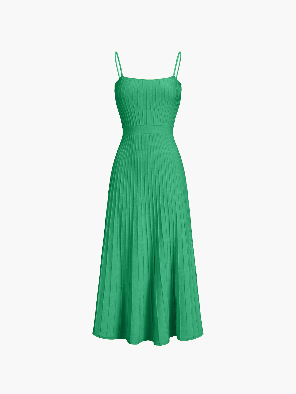 Ribbed Knit Square Neck Spaghetti Strap A-Line Pleated Maxi Dress