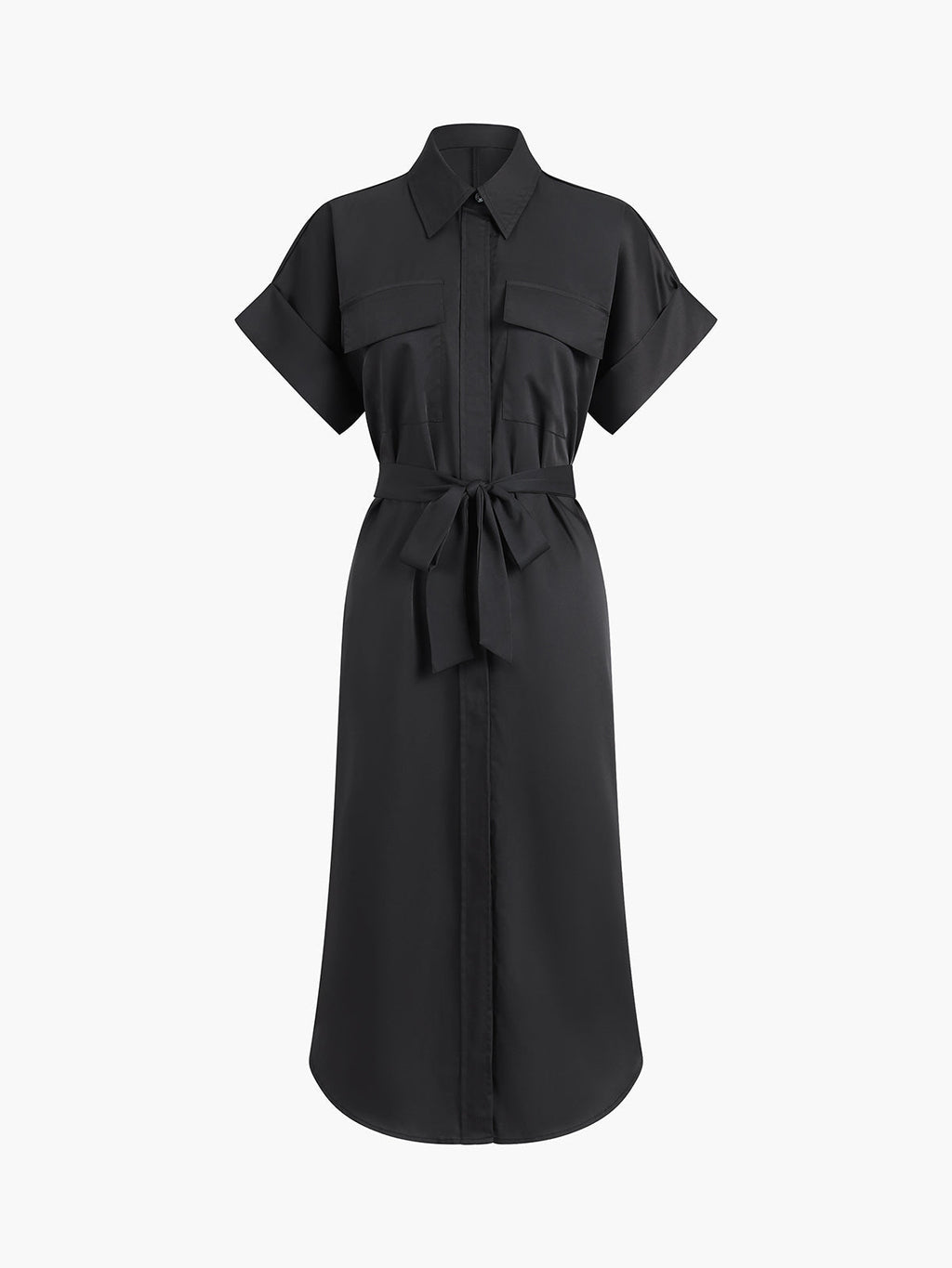 Polo Collar Button Front Patch Pocket Belted Midi Shirt Dress