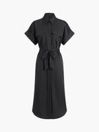 Polo Collar Button Front Patch Pocket Belted Midi Shirt Dress
