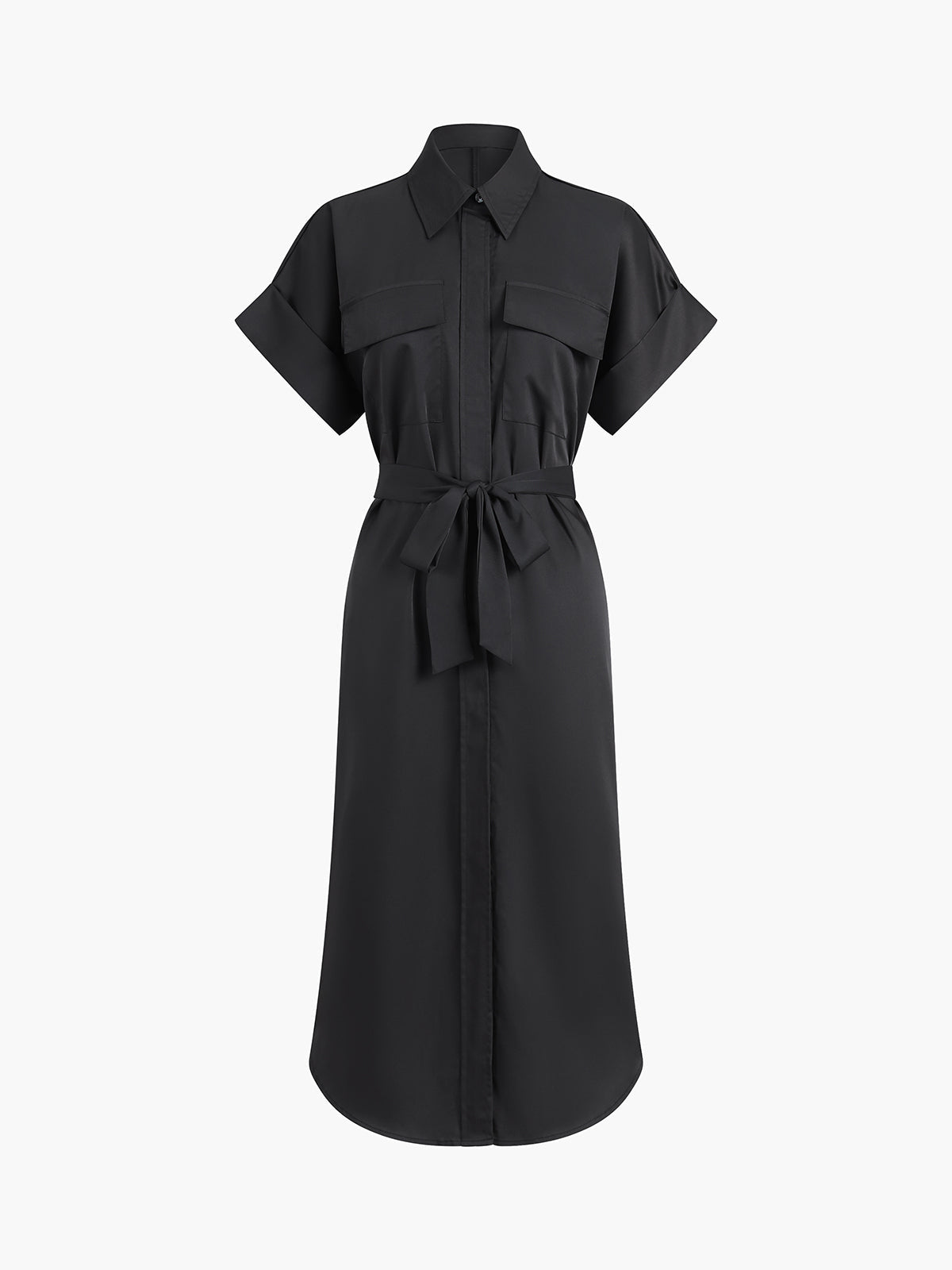 Polo Collar Button Front Patch Pocket Belted Midi Shirt Dress