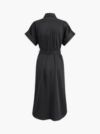Polo Collar Button Front Patch Pocket Belted Midi Shirt Dress