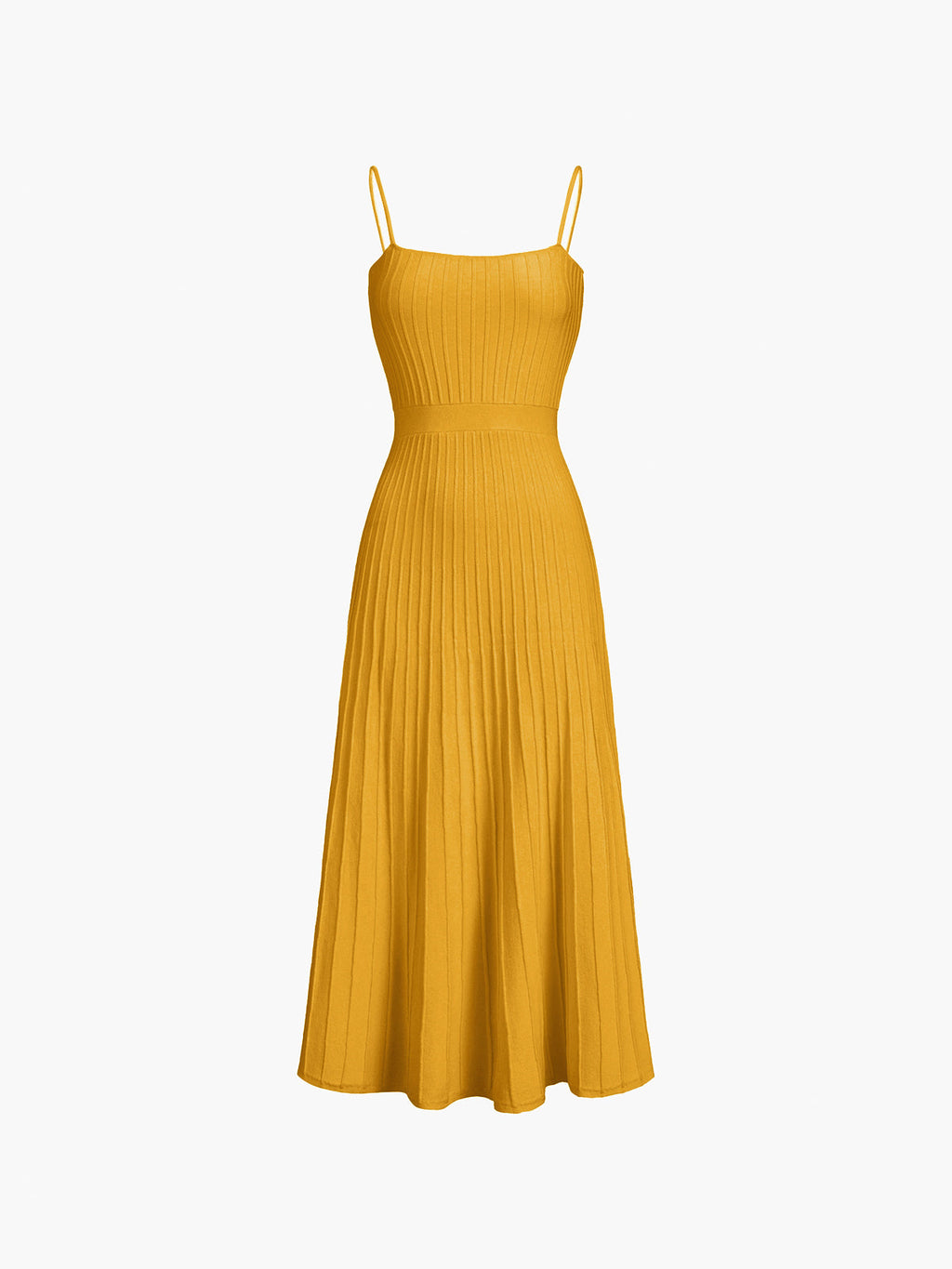 Ribbed Knit Square Neck Spaghetti Strap A-Line Pleated Maxi Dress