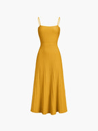 Ribbed Knit Square Neck Spaghetti Strap A-Line Pleated Maxi Dress