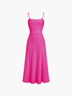 Ribbed Knit Square Neck Spaghetti Strap A-Line Pleated Maxi Dress