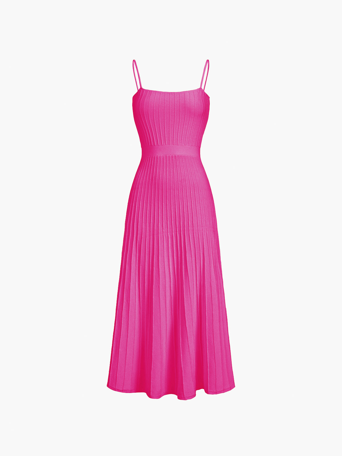 Ribbed Knit Square Neck Spaghetti Strap A-Line Pleated Maxi Dress