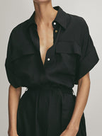 Polo Collar Button Front Patch Pocket Belted Midi Shirt Dress