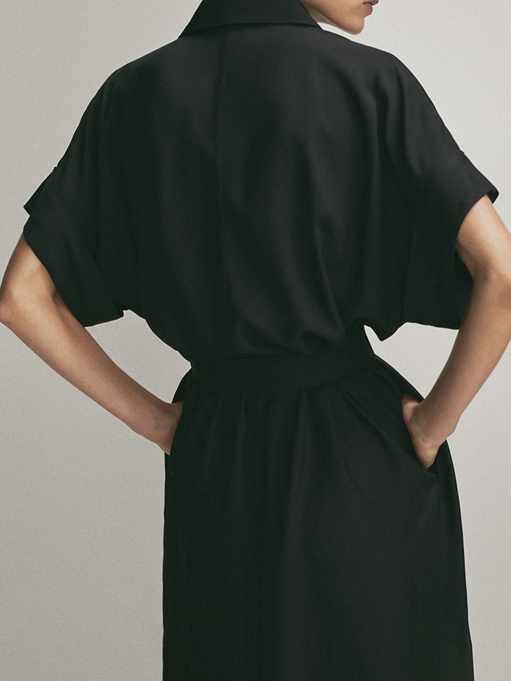 Polo Collar Button Front Patch Pocket Belted Midi Shirt Dress