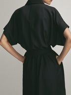 Polo Collar Button Front Patch Pocket Belted Midi Shirt Dress