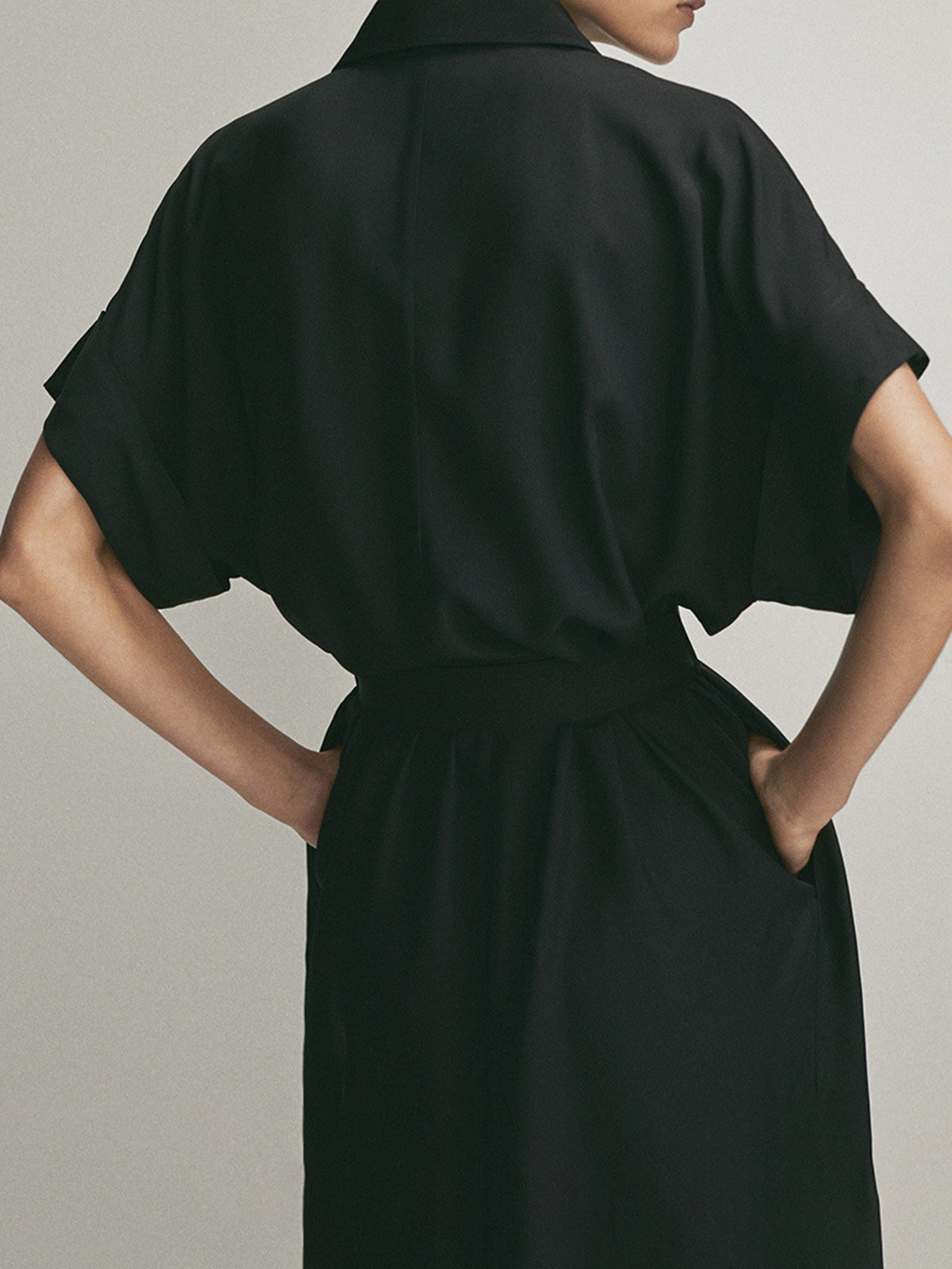 Polo Collar Button Front Patch Pocket Belted Midi Shirt Dress
