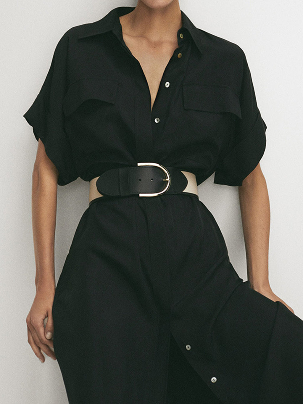 Polo Collar Button Front Patch Pocket Belted Midi Shirt Dress