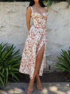 Floral Print Corset Bodice Tie Bust Square Neck High Split Maxi Dress