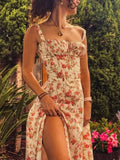Square Neck Tie Front Corset Seam Floral Print High Slit Midi Dress