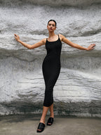 Spaghetti Strap Deep Scoop Back Rib Knit Bodycon Maxi Dress