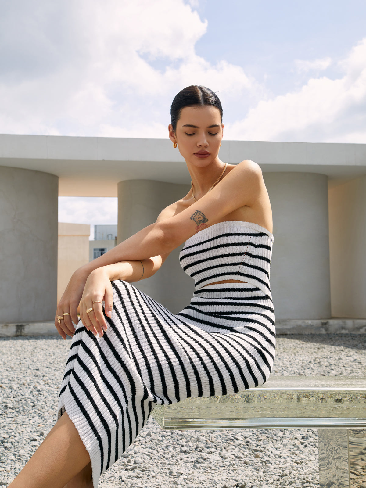 Horizontal Stripe Rib Knit Strapless Diamond Cut Out Tube Midi Dress