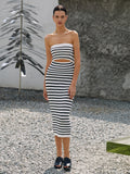 Horizontal Stripe Rib Knit Strapless Diamond Cut Out Tube Midi Dress