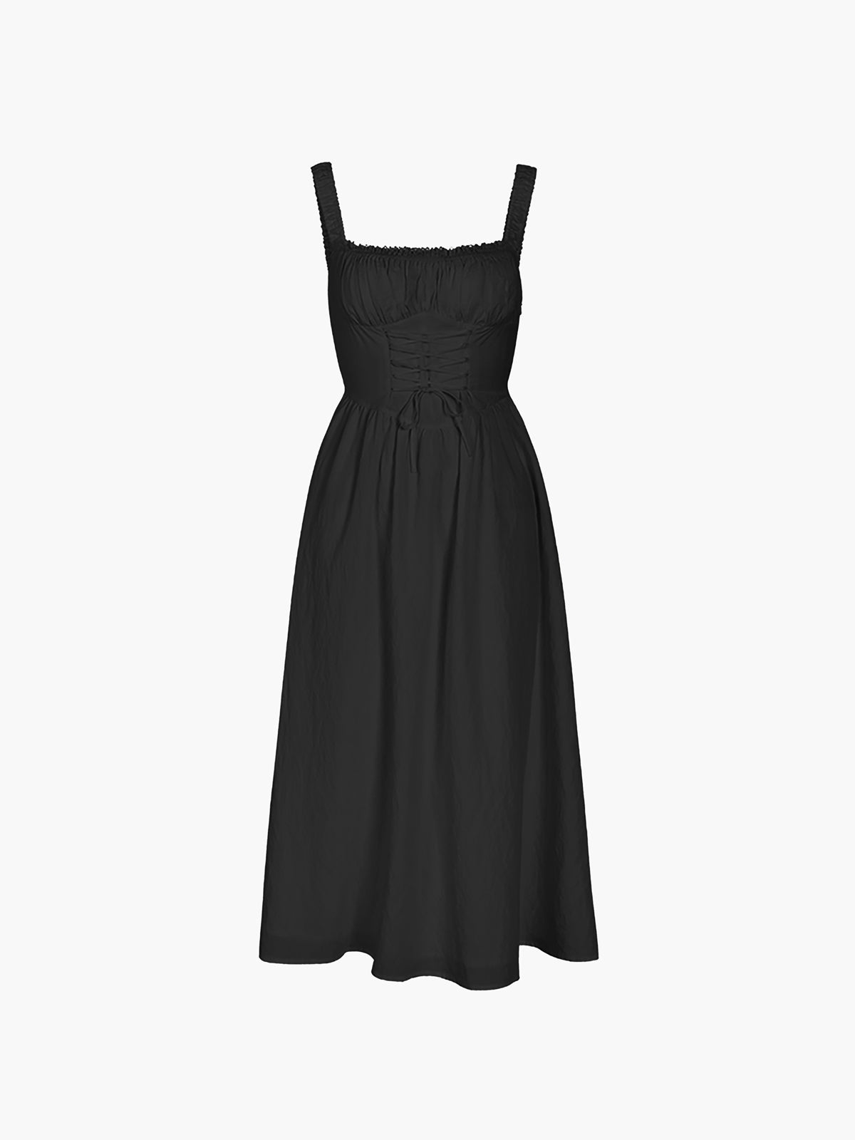 Square Neck Ruffle Trim Corset Waist Lace Up Midi Dress